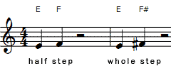 E to F is a half step, and E to F# is a whole step